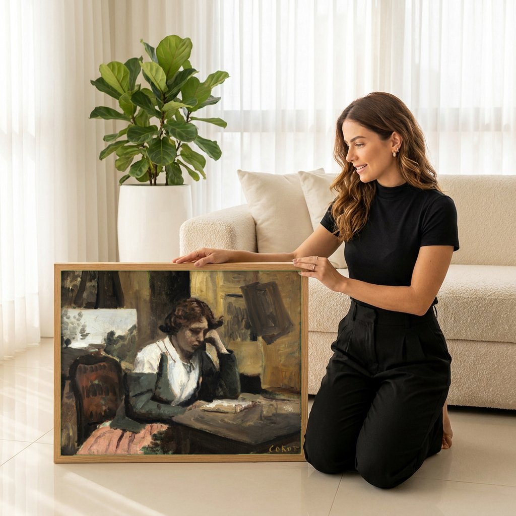 Quadro Decorativo A Leitora Solitária - Corot | modelo apresentando o quadro emoldurado