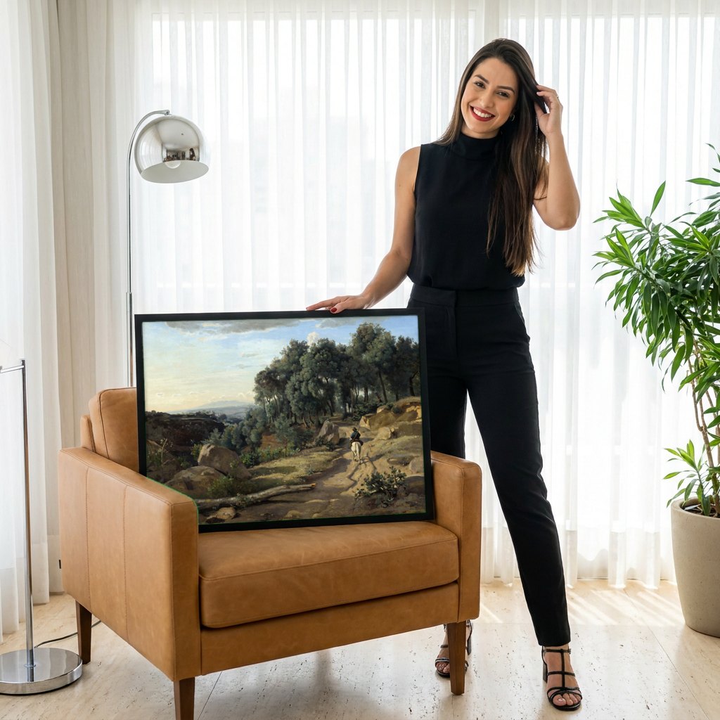 Quadro Decorativo Paisagem com Cavaleiro - Corot | modelo apresentando o quadro emoldurado
