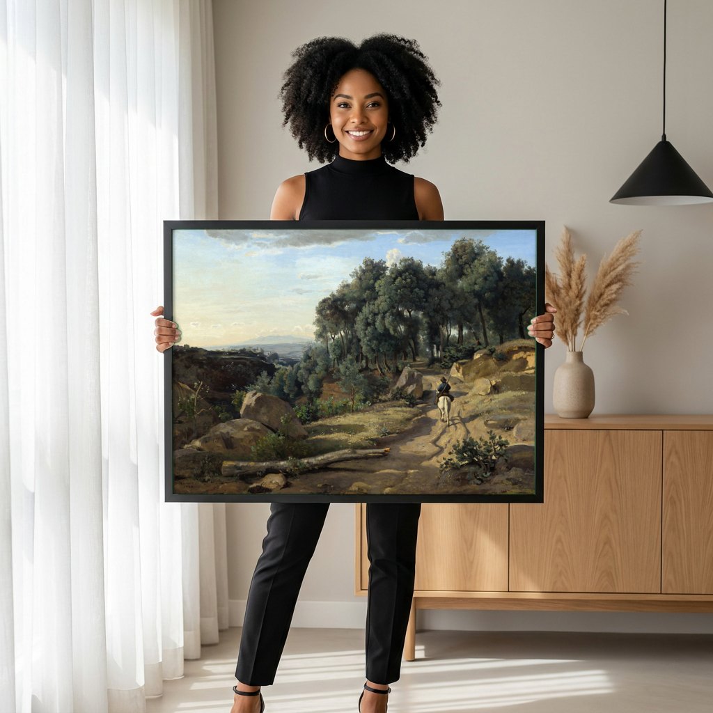 Quadro Decorativo Paisagem com Cavaleiro - Corot | modelo apresentando o quadro emoldurado