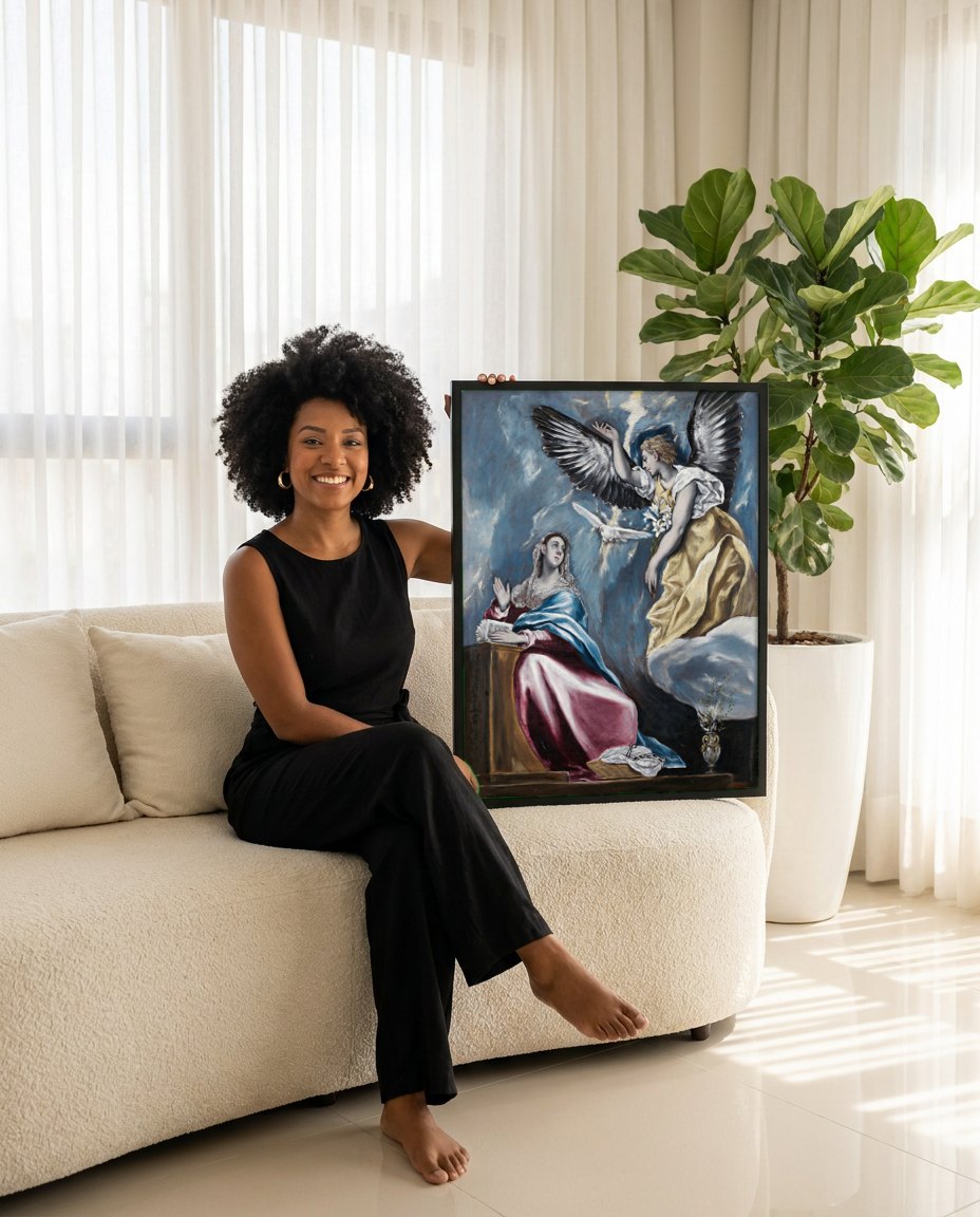 Quadro Decorativo A Anunciação - El Greco | modelo apresentando o quadro emoldurado
