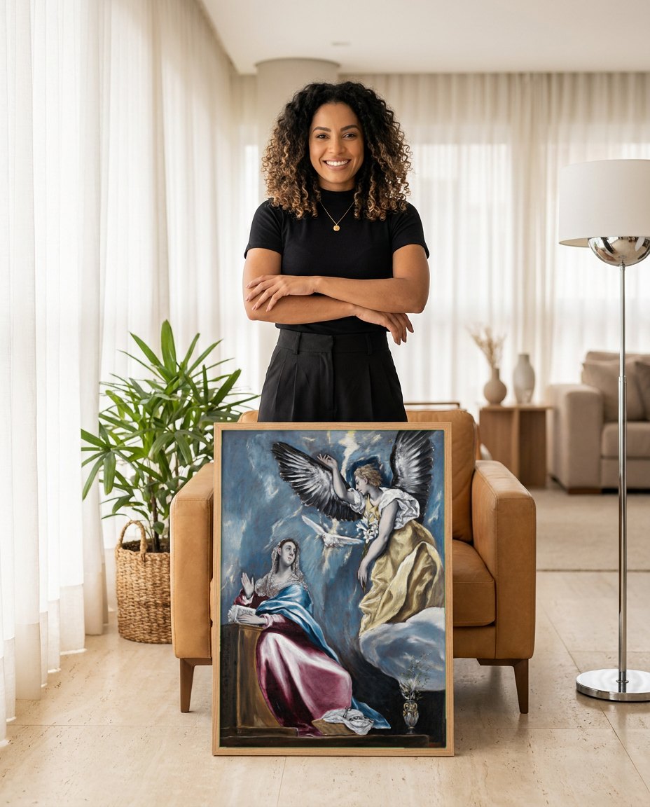 Quadro Decorativo A Anunciação - El Greco | modelo apresentando o quadro emoldurado