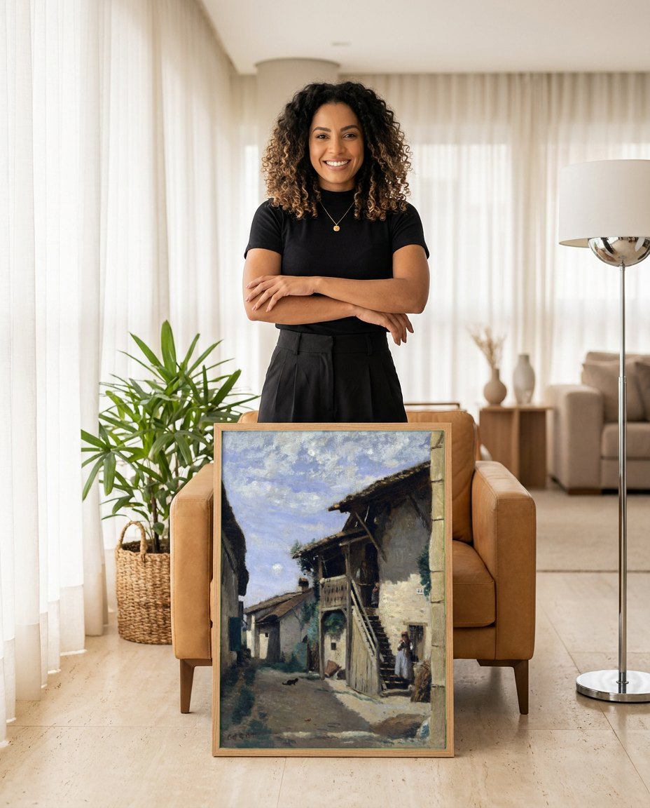 Quadro Decorativo 'Rua em Sin-le-Noble' - Corot | modelo apresentando o quadro emoldurado