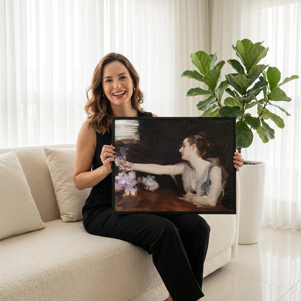 Quadro Decorativo Senhora com Peônias - John Singer Sargent | modelo apresentando o quadro emoldurado