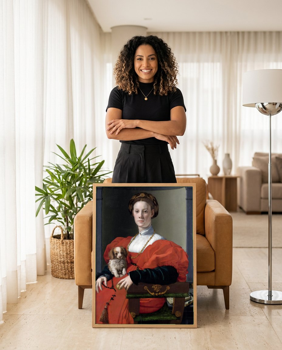 Quadro Decorativo 'Retrato de uma Dama com um Cãozinho' - Bronzino | modelo apresentando o quadro emoldurado