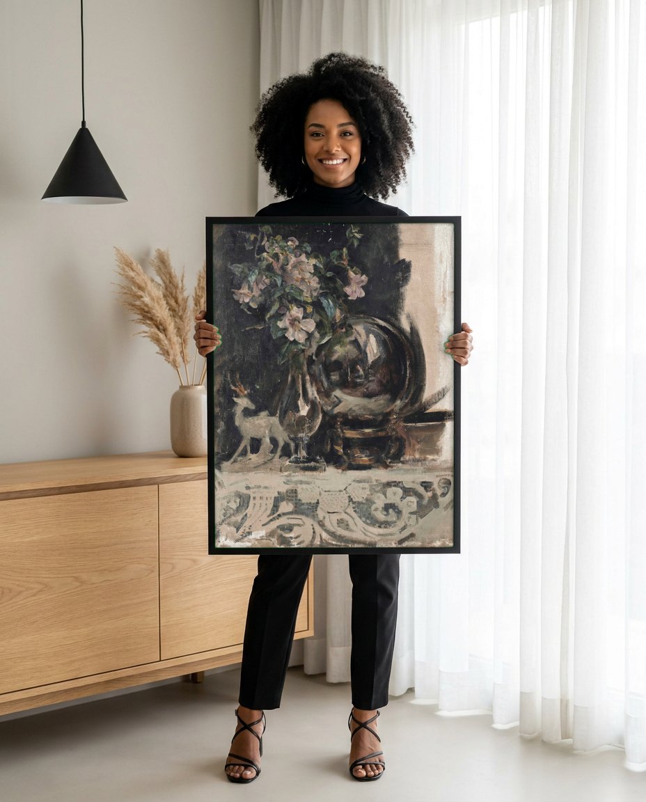 Quadro Decorativo Natureza-Morta com Flores e Jarra - J. J. Shannon | modelo apresentando o quadro emoldurado
