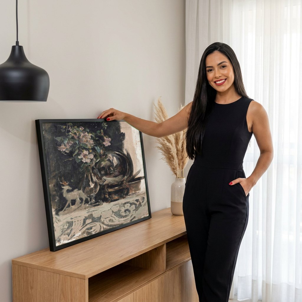 Quadro Decorativo Natureza-Morta com Flores e Jarra - J. J. Shannon | modelo apresentando o quadro emoldurado