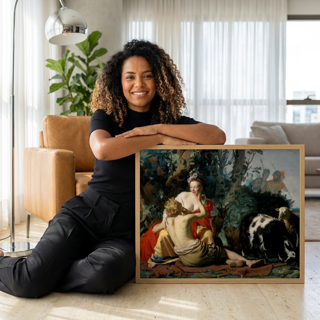 Quadro Decorativo A Pastora e o Pastor (ou Cimon e Ifigênia) - Honthorst | modelo apresentando o quadro emoldurado