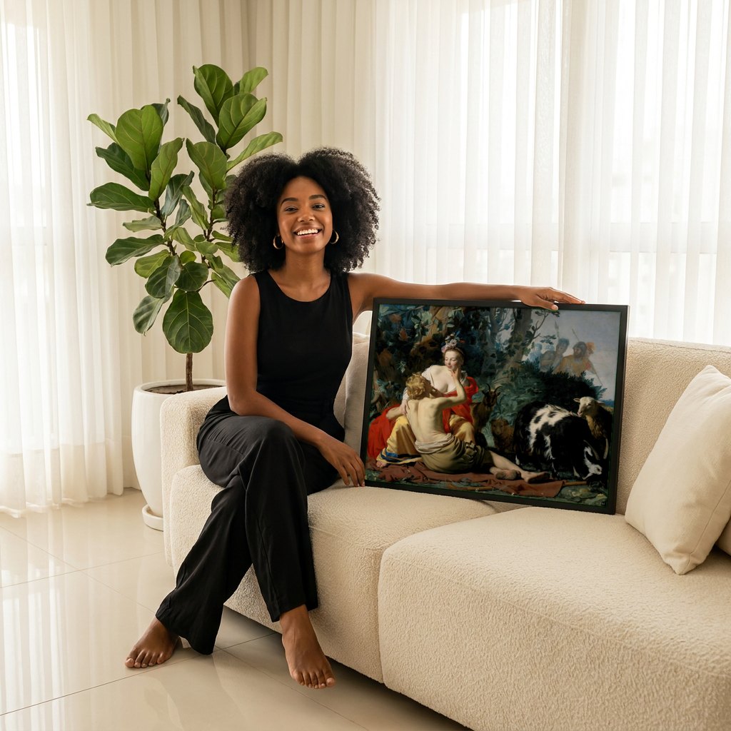 Quadro Decorativo A Pastora e o Pastor (ou Cimon e Ifigênia) - Honthorst | modelo apresentando o quadro emoldurado
