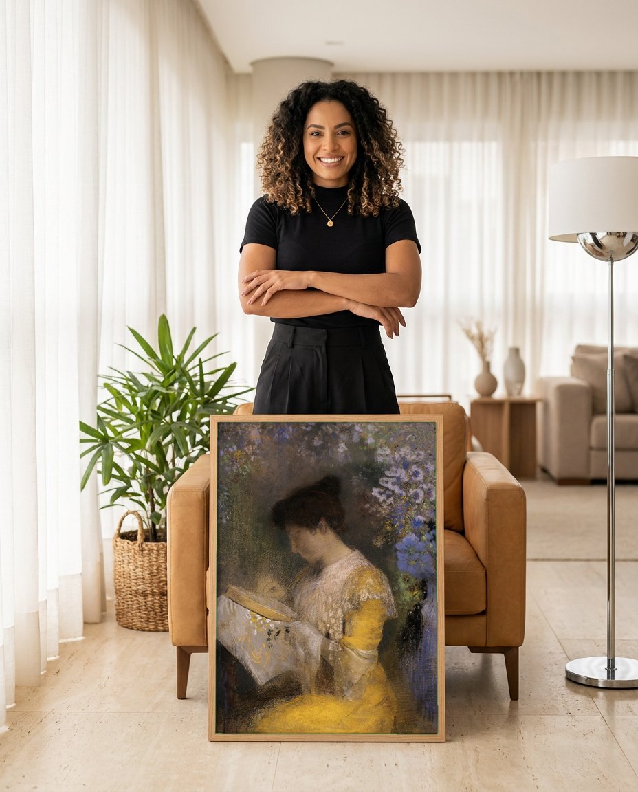 Quadro Decorativo A Leitora (La Liseuse) - Odilon Redon | modelo apresentando o quadro emoldurado