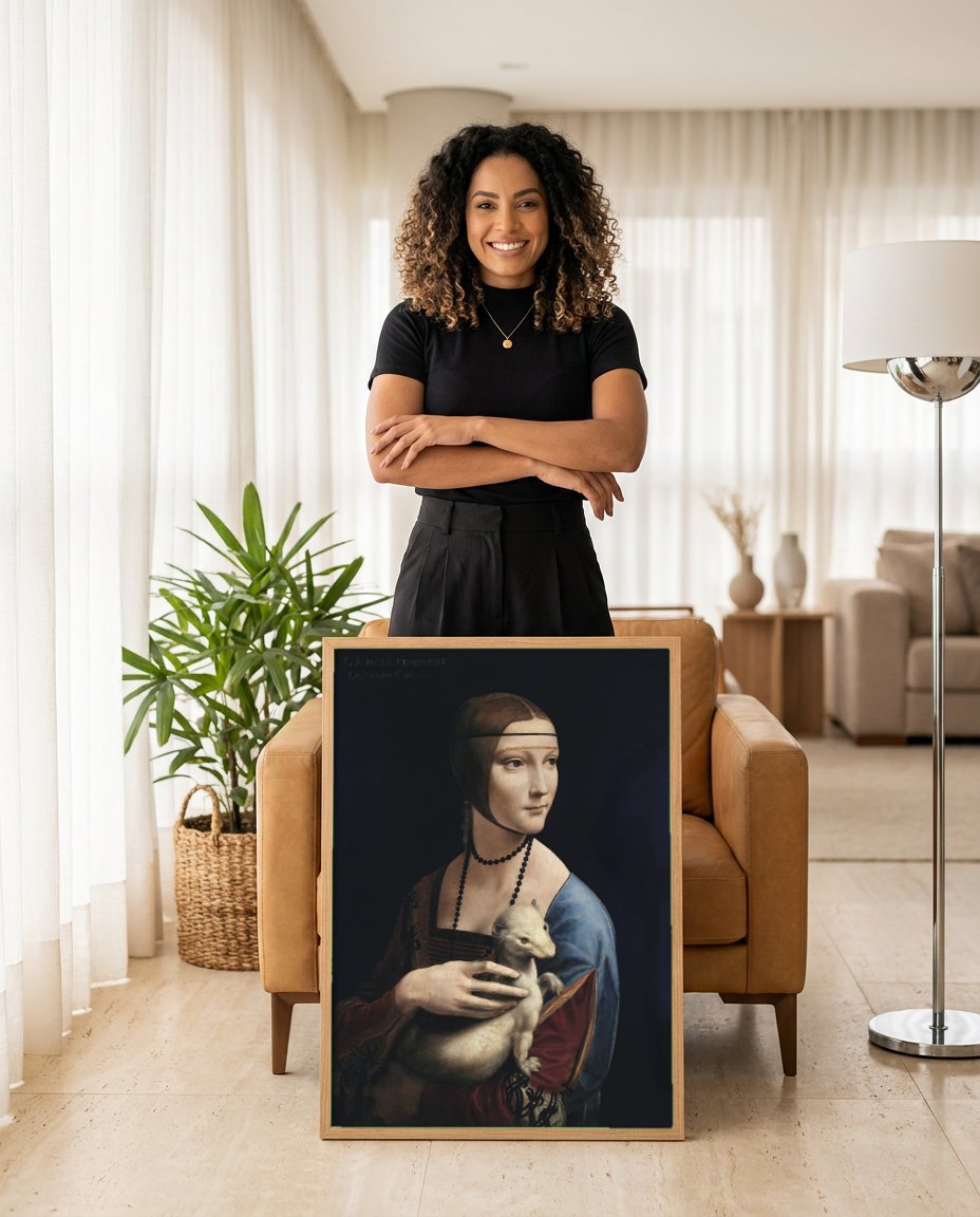 Quadro Decorativo A Dama com Arminho - Leonardo da Vinci | modelo apresentando o quadro emoldurado