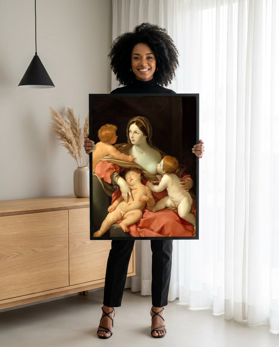 Quadro Decorativo A Virgem e o Menino com São João Batista - Guido Reni | modelo apresentando o quadro emoldurado