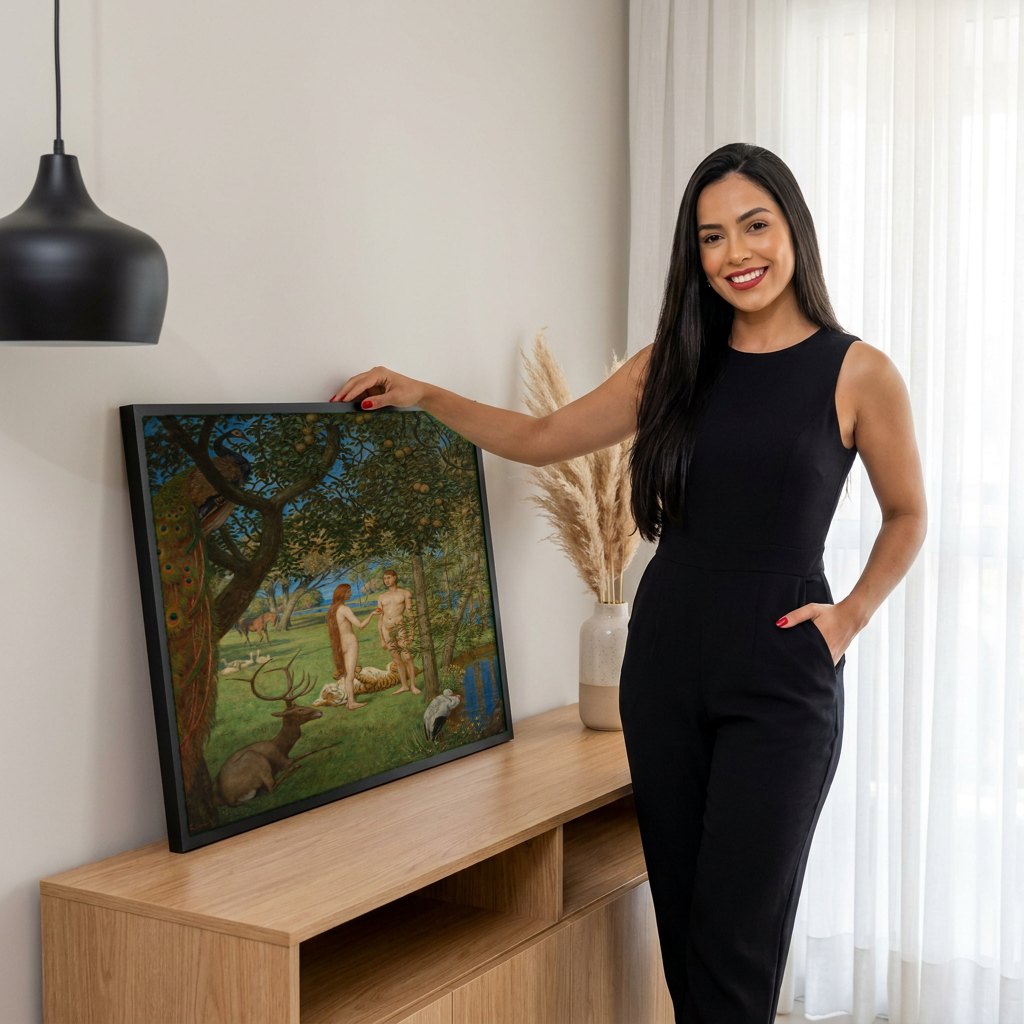 Quadro Decorativo Adão e Eva no Paraíso - Hans Thoma | modelo apresentando o quadro emoldurado