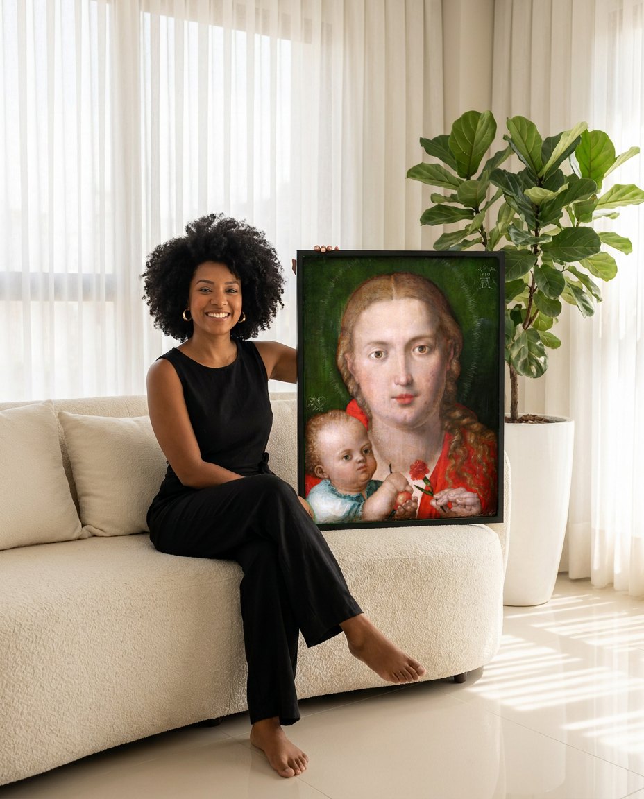 Quadro Decorativo A Virgem e o Menino com Cravo - Dürer | modelo apresentando o quadro emoldurado