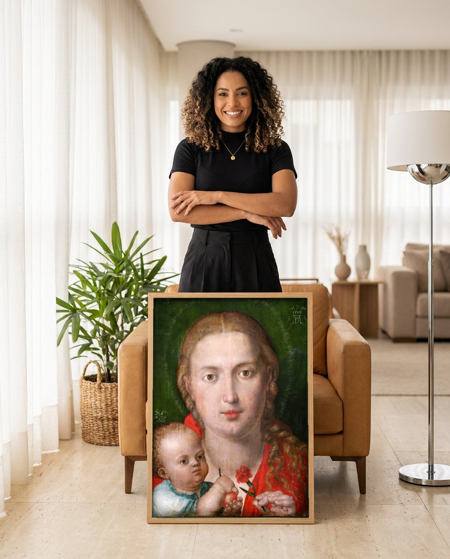 Quadro Decorativo A Virgem e o Menino com Cravo - Dürer | modelo apresentando o quadro emoldurado