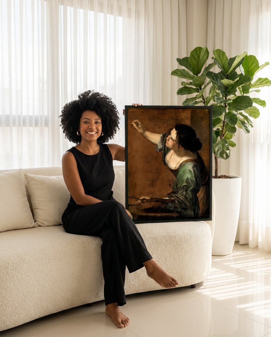 Quadro Decorativo A Autorretratista (Autorretrato como Alegoria da Pintura) - Artemisia Gentileschi | modelo apresentando o quadro emoldurado