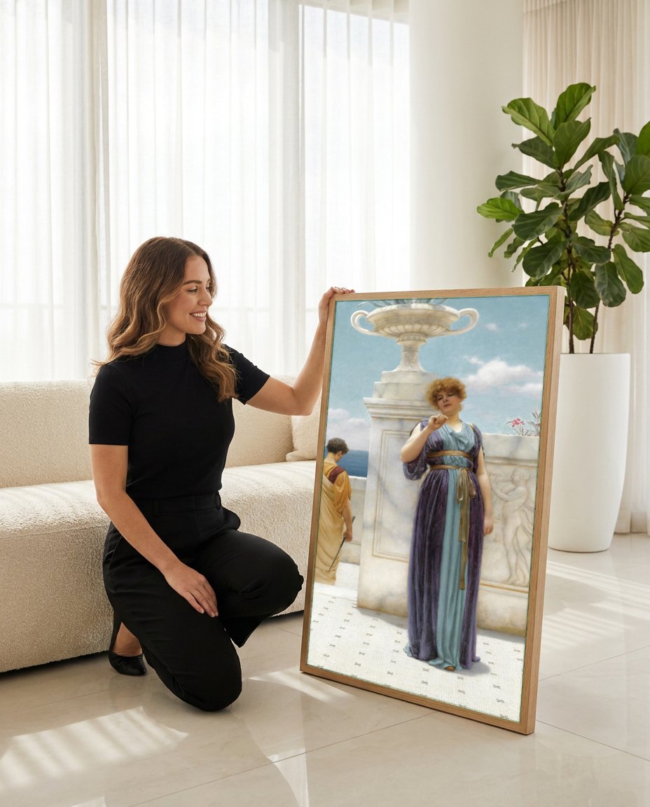 Quadro Decorativo 'A Semente da Dúvida' - John William Godward | modelo apresentando o quadro emoldurado