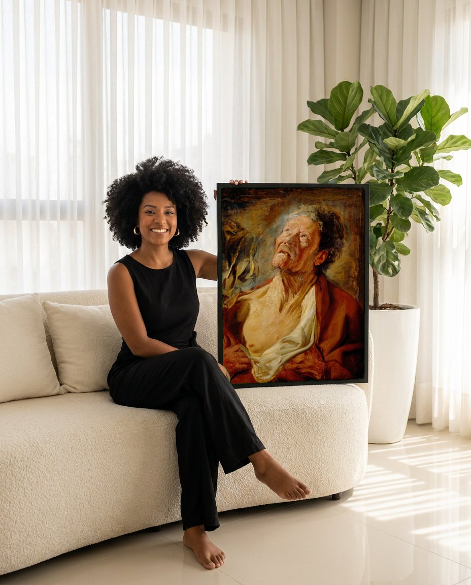 Quadro Decorativo A Cabeça de São Pedro - Jacob Jordaens | modelo apresentando o quadro emoldurado