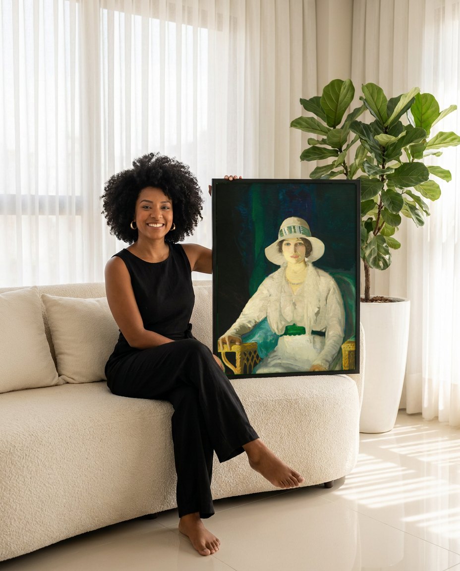 Quadro Decorativo A Dama do Chapéu - Bellows | modelo apresentando o quadro emoldurado