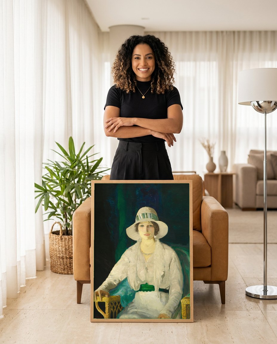 Quadro Decorativo A Dama do Chapéu - Bellows | modelo apresentando o quadro emoldurado