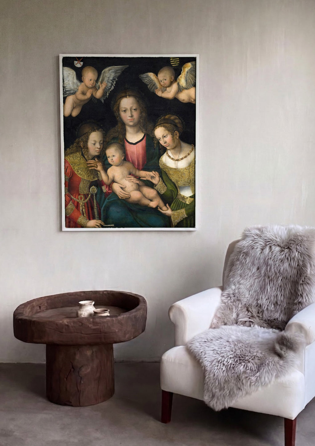 Quadro Decorativo A Virgem e o Menino com Santas - Cranach | quadro emoldurado na parede