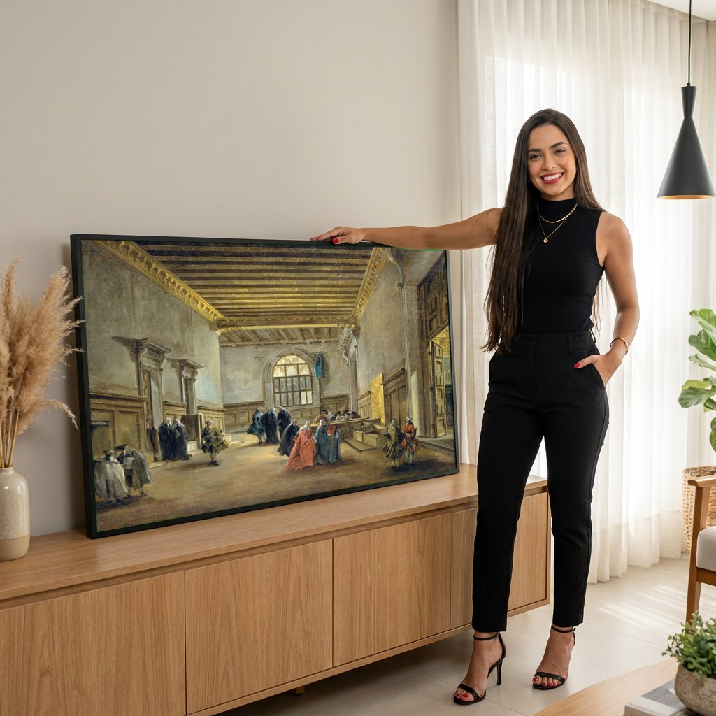 Quadro Decorativo Interior Arquitetônico - Francesco Guardi | modelo apresentando o quadro emoldurado