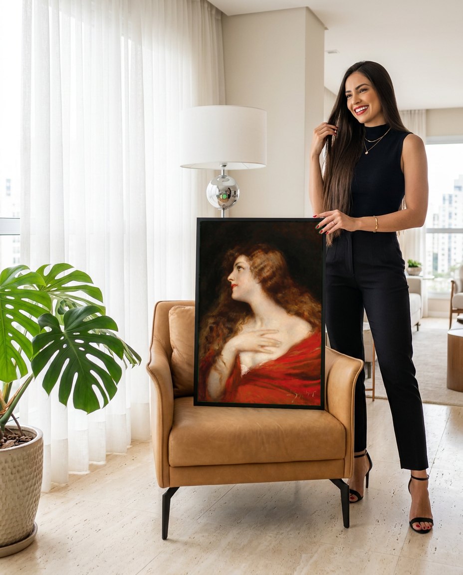 Quadro Decorativo A Dama de Vermelho - Leopold Schmutzler | modelo apresentando o quadro emoldurado