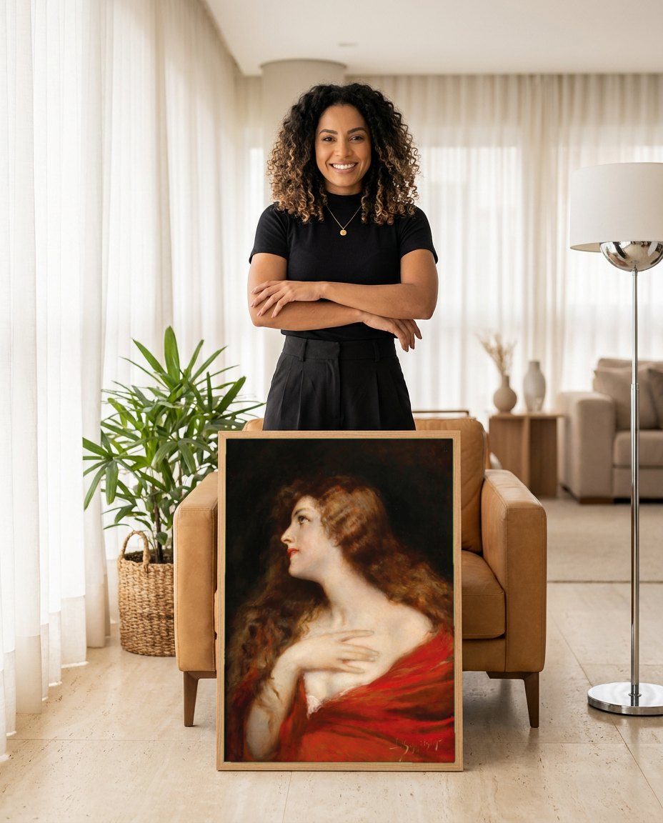 Quadro Decorativo A Dama de Vermelho - Leopold Schmutzler | modelo apresentando o quadro emoldurado