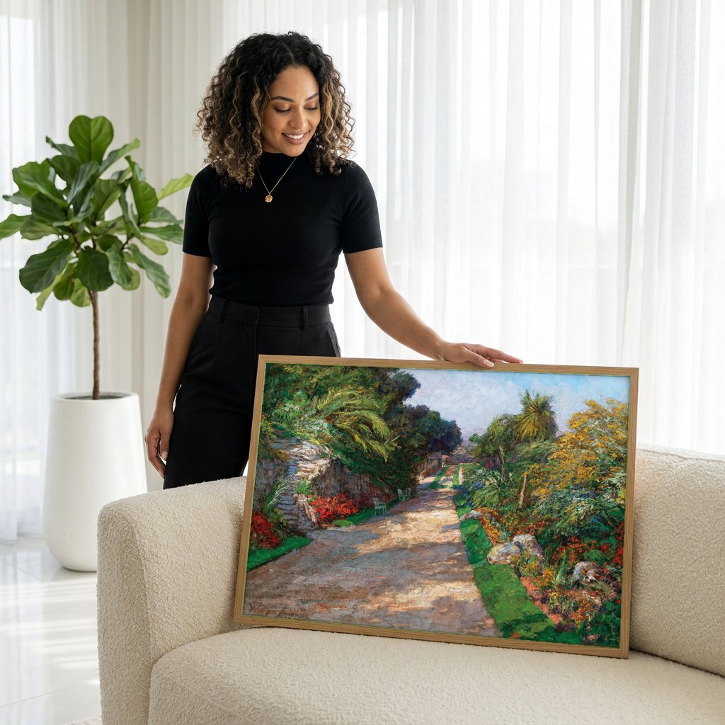 Quadro Decorativo Caminho de Jardim Ensolarado - Olga Wisinger-Florian | modelo apresentando o quadro emoldurado