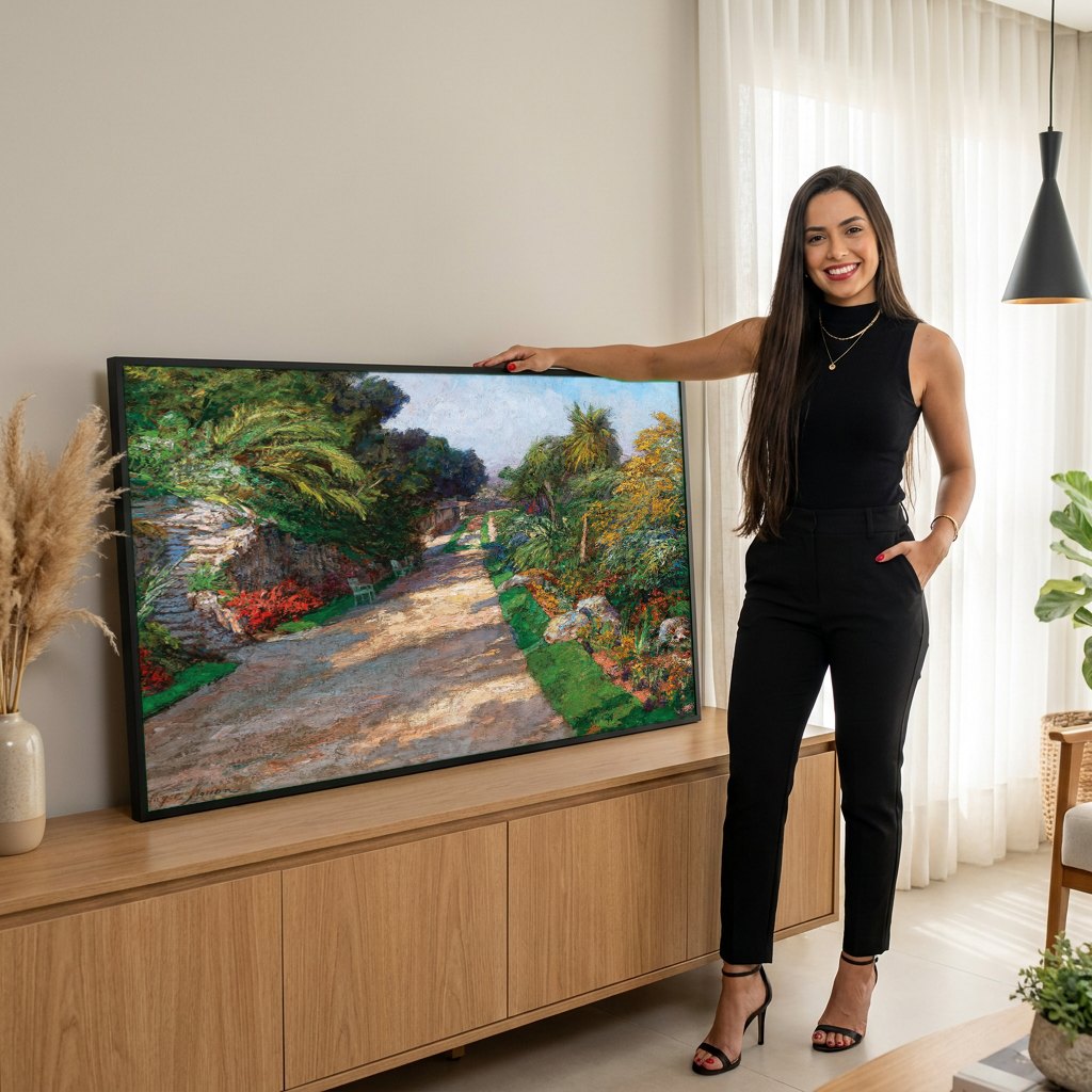 Quadro Decorativo Caminho de Jardim Ensolarado - Olga Wisinger-Florian | modelo apresentando o quadro emoldurado
