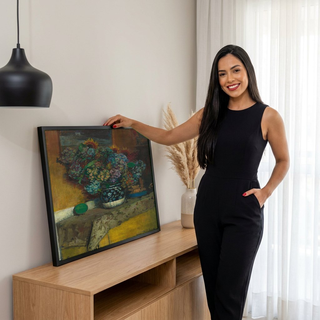 Quadro Decorativo Natureza-Morta com Flores - Jacques Émile Blanche | modelo apresentando o quadro emoldurado