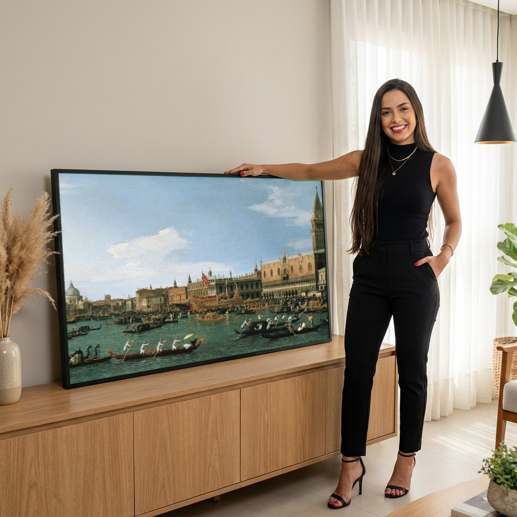 Quadro Decorativo A Chegada do Embaixador Francês - Canaletto | modelo apresentando o quadro emoldurado