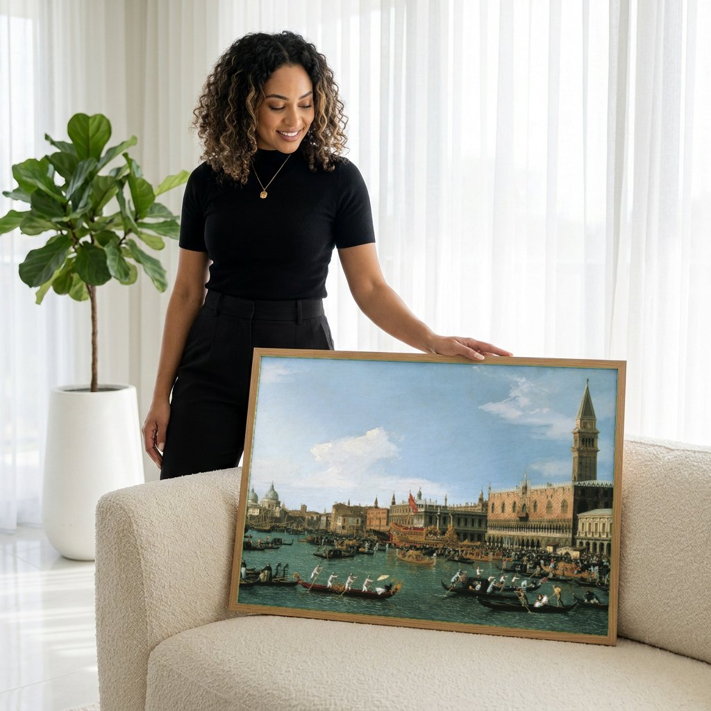 Quadro Decorativo A Chegada do Embaixador Francês - Canaletto | modelo apresentando o quadro emoldurado