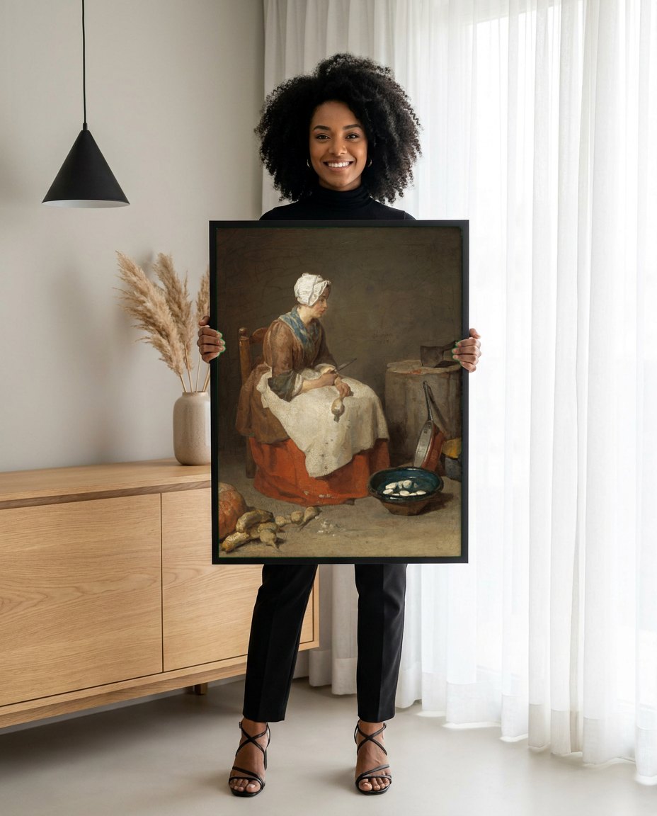 Quadro Decorativo A Descascadora de Nabo - Jean Siméon Chardin | modelo apresentando o quadro emoldurado