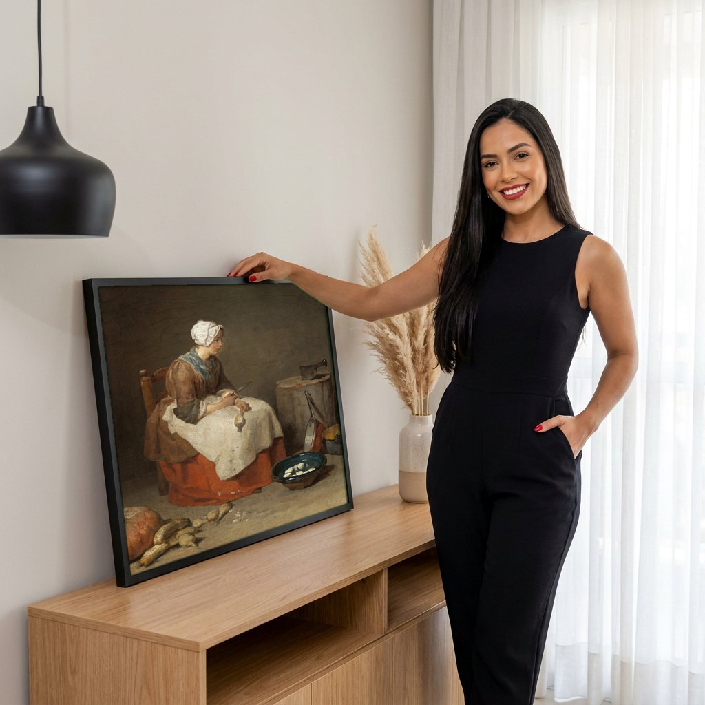 Quadro Decorativo A Descascadora de Nabo - Jean Siméon Chardin | modelo apresentando o quadro emoldurado