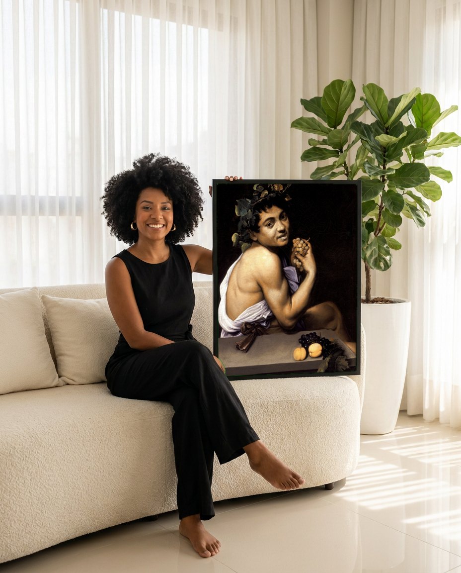 Quadro Decorativo Baco Jovem - Caravaggio | modelo apresentando o quadro emoldurado