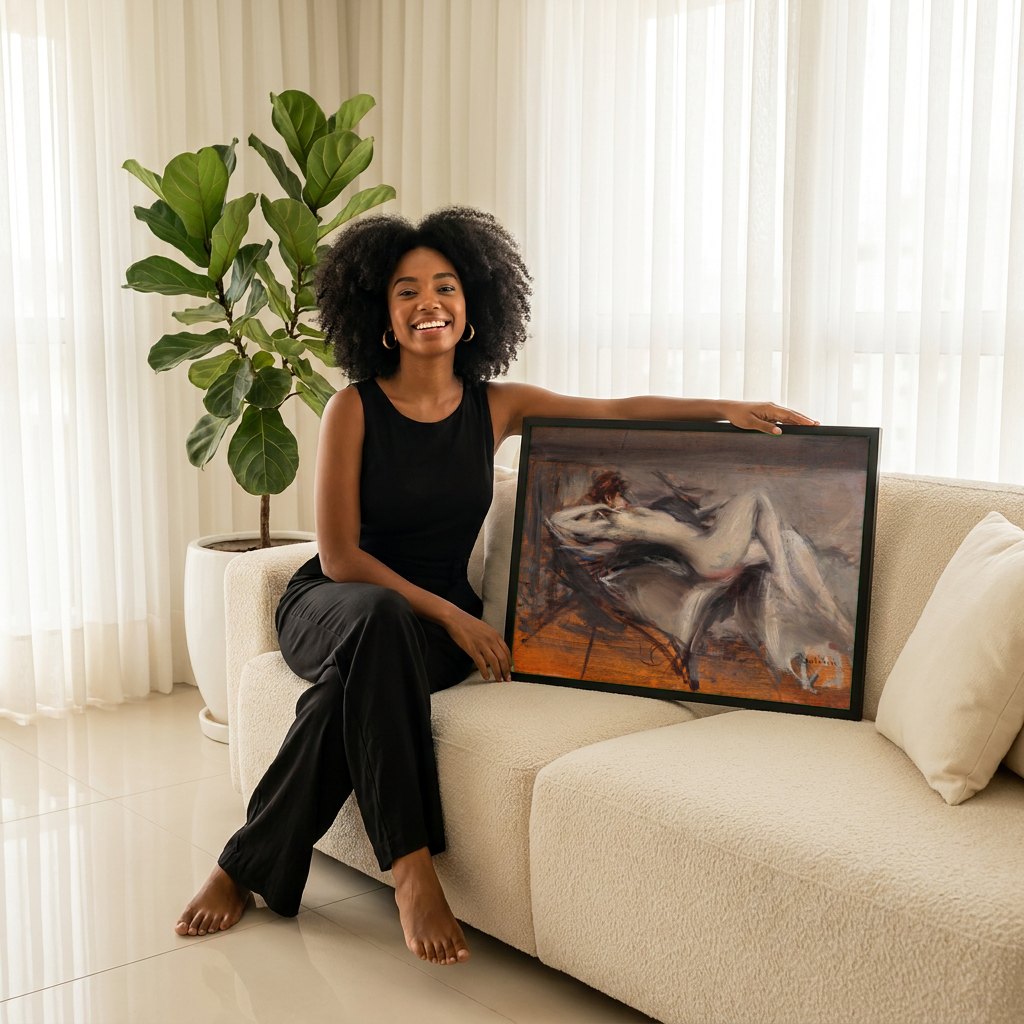 Quadro Decorativo Nu Feminino Reclinado - Boldini | modelo apresentando o quadro emoldurado