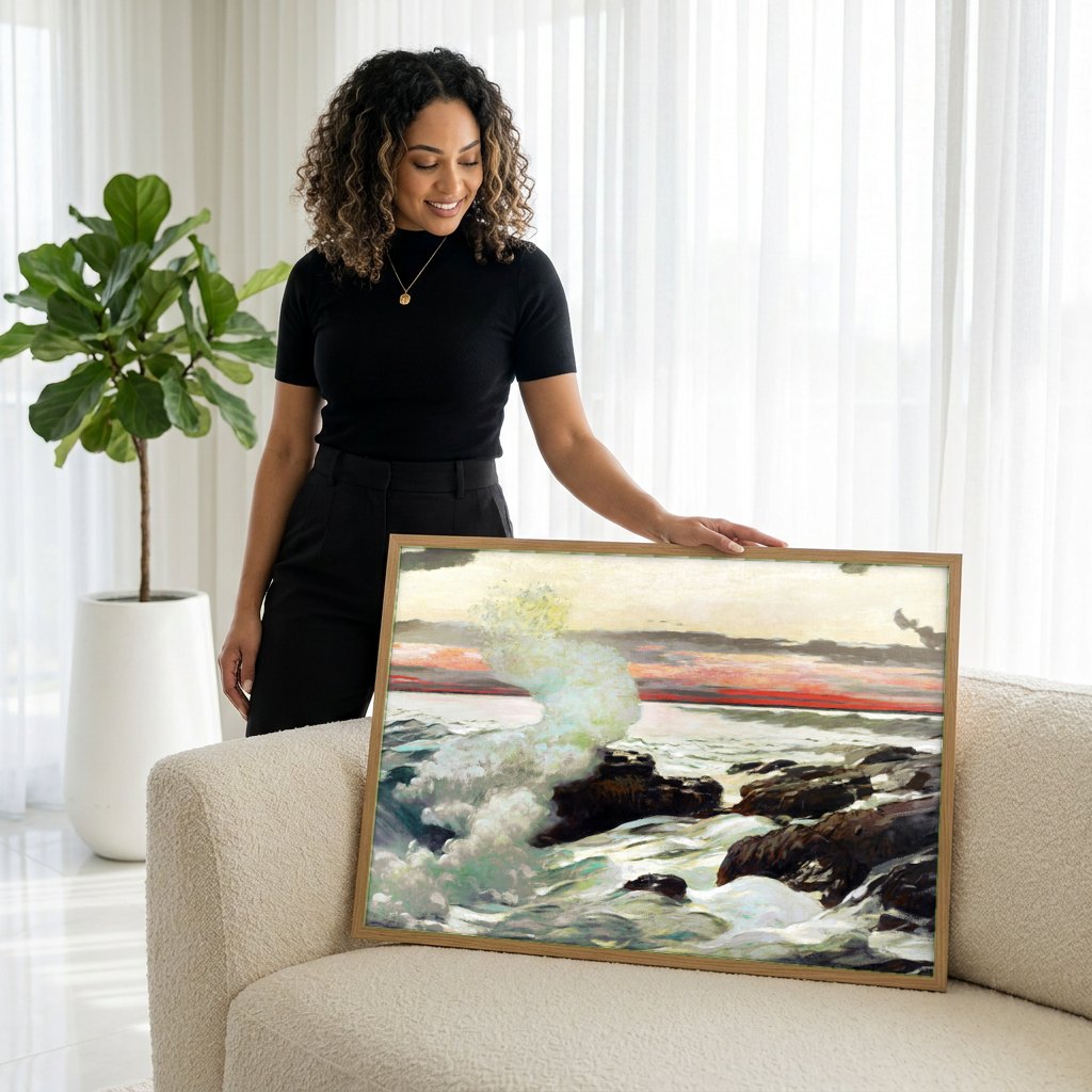 Quadro Decorativo Mar Revolto ao Pôr do Sol - Winslow Homer | modelo apresentando o quadro emoldurado