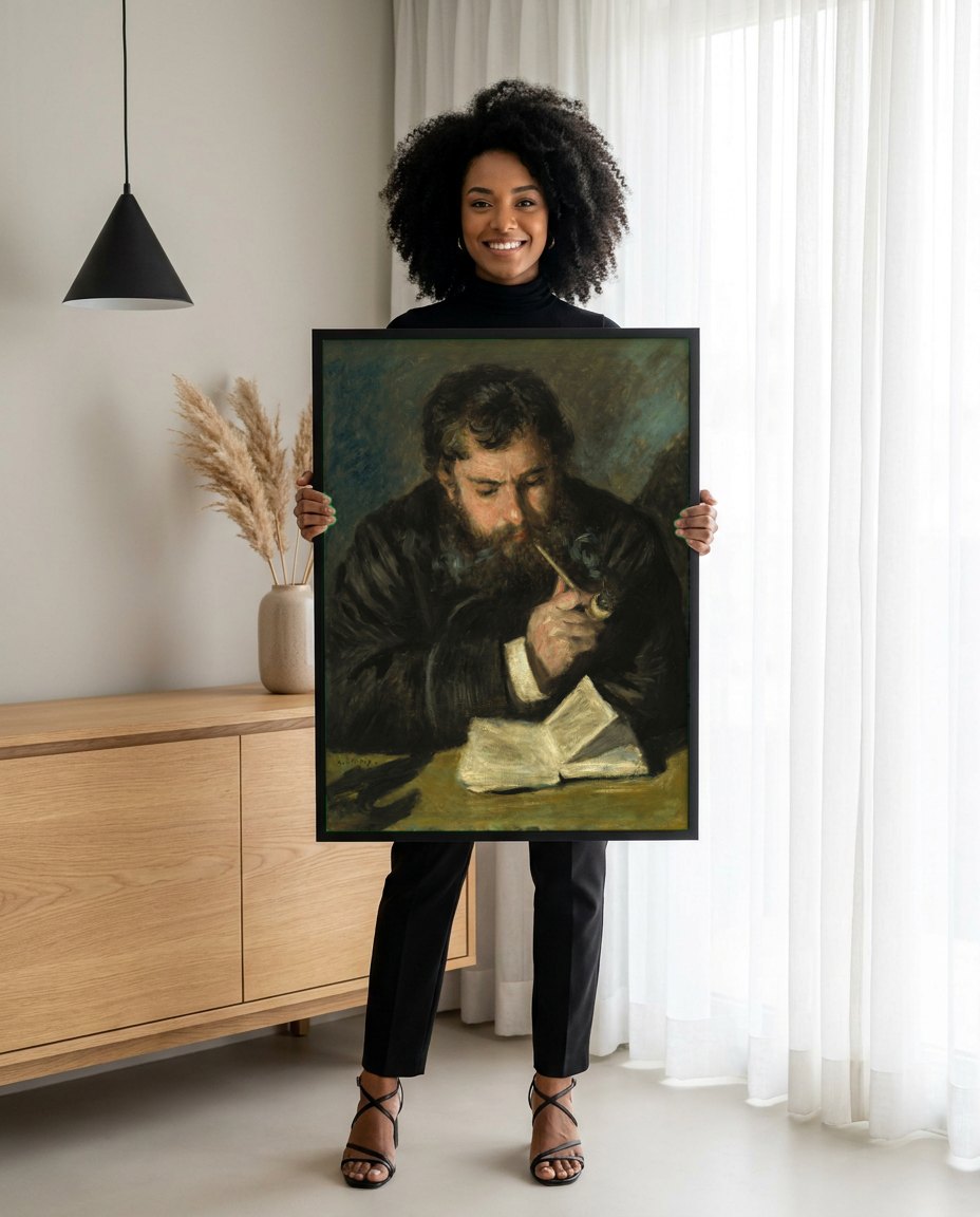 Quadro Decorativo Homem Fumando Cachimbo - Claude Monet | modelo apresentando o quadro emoldurado