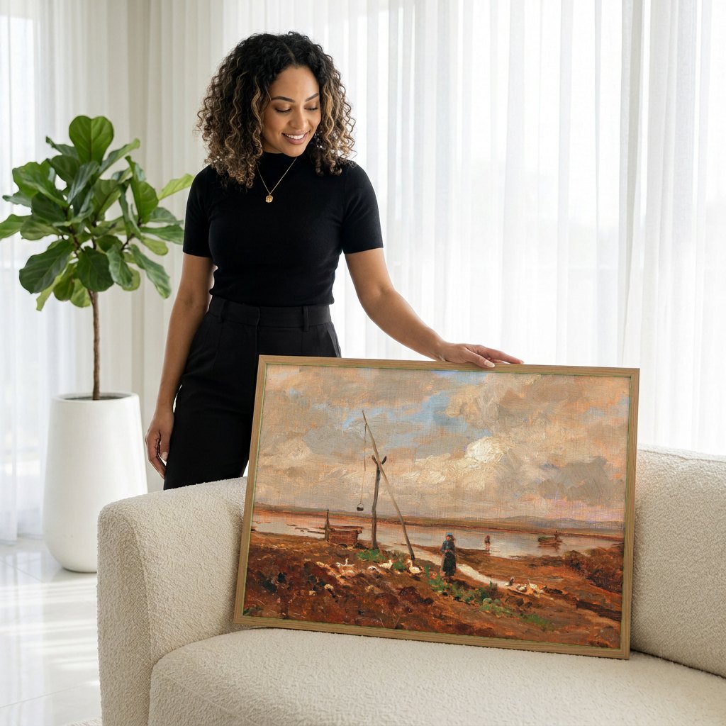 Quadro Decorativo Cena Rural com Patos - Olga Wisinger-Florian | modelo apresentando o quadro emoldurado