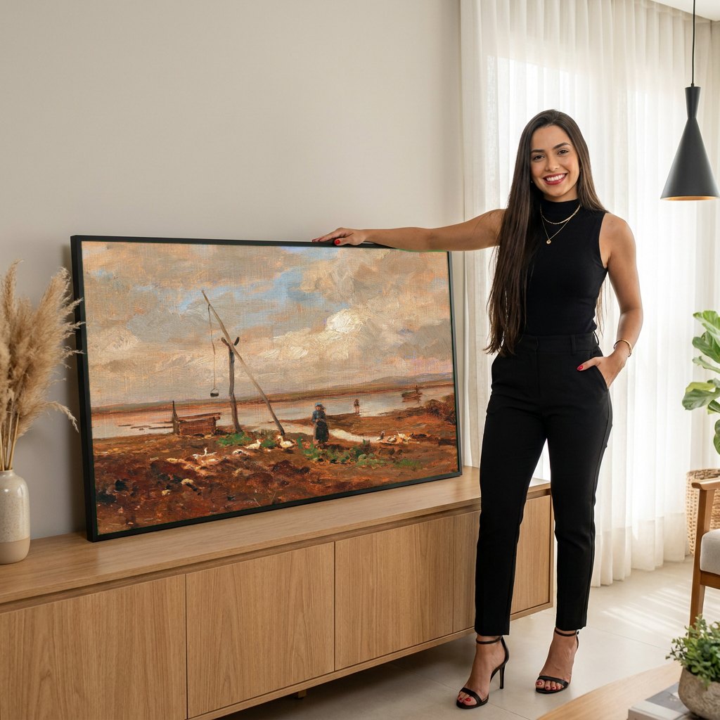 Quadro Decorativo Cena Rural com Patos - Olga Wisinger-Florian | modelo apresentando o quadro emoldurado