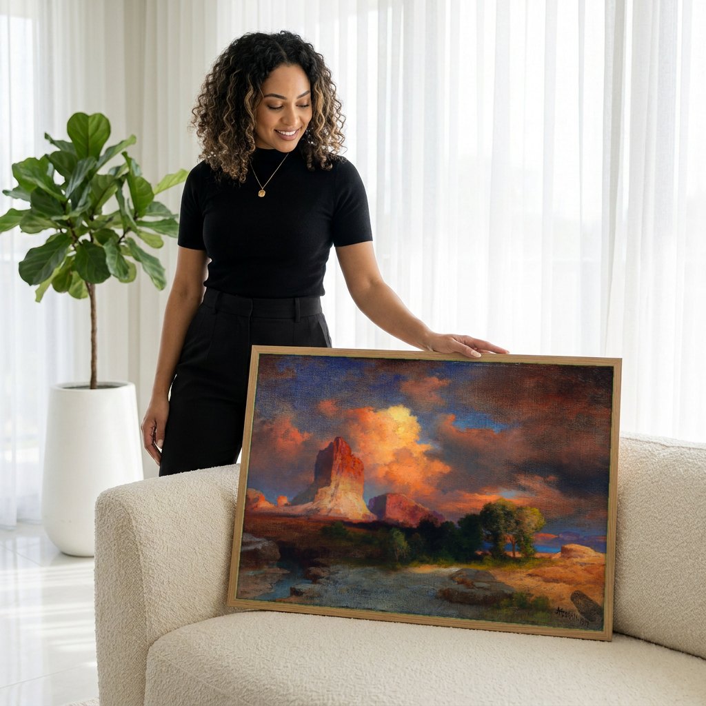 Quadro Decorativo Paisagem Desértica ao Pôr do Sol - Thomas Moran | modelo apresentando o quadro emoldurado