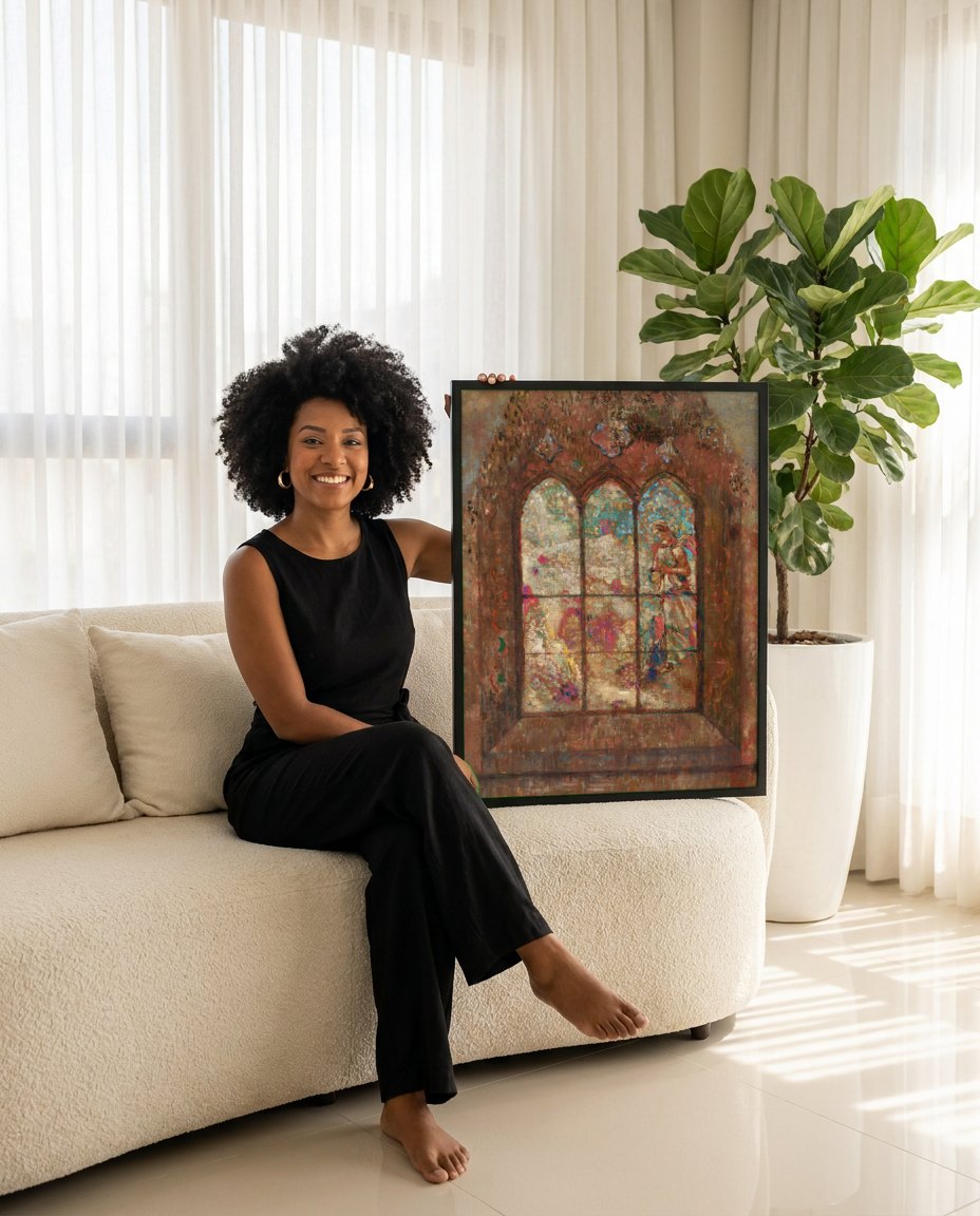 Quadro Decorativo A Janela com Figuras - Odilon Redon | modelo apresentando o quadro emoldurado