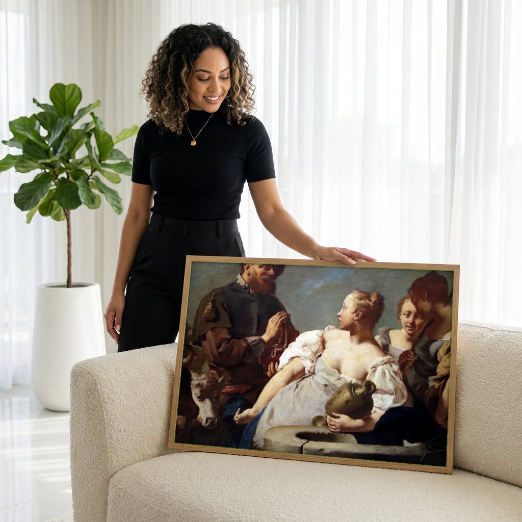 Quadro Decorativo A Oferta de Rebeca - Giovanni Battista Piazzetta | modelo apresentando o quadro emoldurado