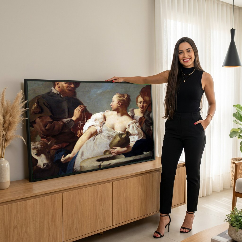 Quadro Decorativo A Oferta de Rebeca - Giovanni Battista Piazzetta | modelo apresentando o quadro emoldurado
