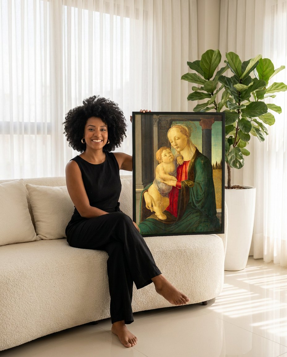 Quadro Decorativo A Virgem e o Menino - Botticelli | modelo apresentando o quadro emoldurado
