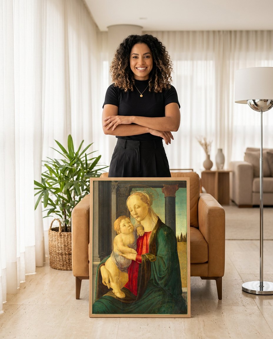 Quadro Decorativo A Virgem e o Menino - Botticelli | modelo apresentando o quadro emoldurado