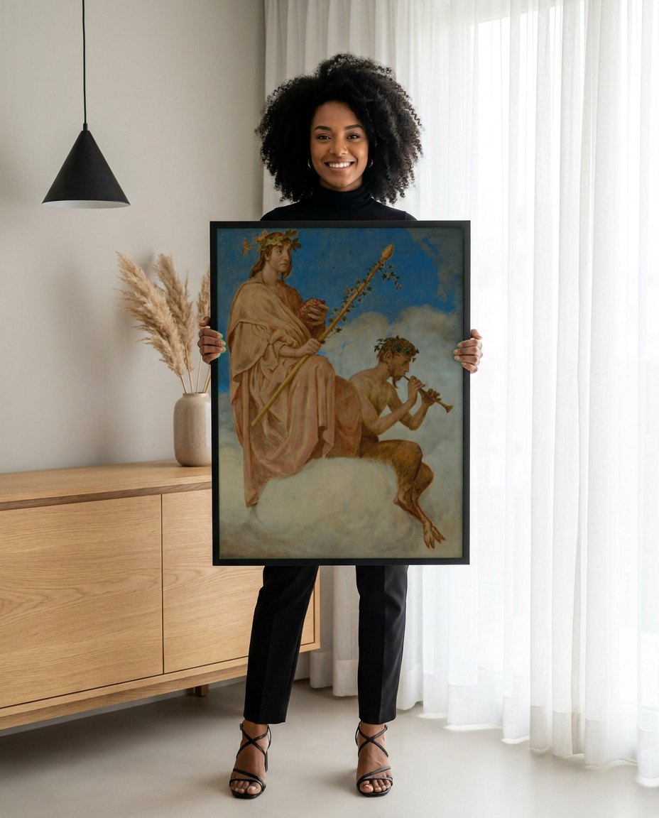 Quadro Decorativo Baco e Sátiro - Hans Thoma | modelo apresentando o quadro emoldurado