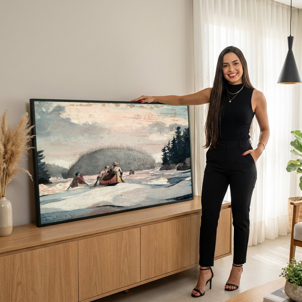 Quadro Decorativo Remo no Rio - Winslow Homer | modelo apresentando o quadro emoldurado