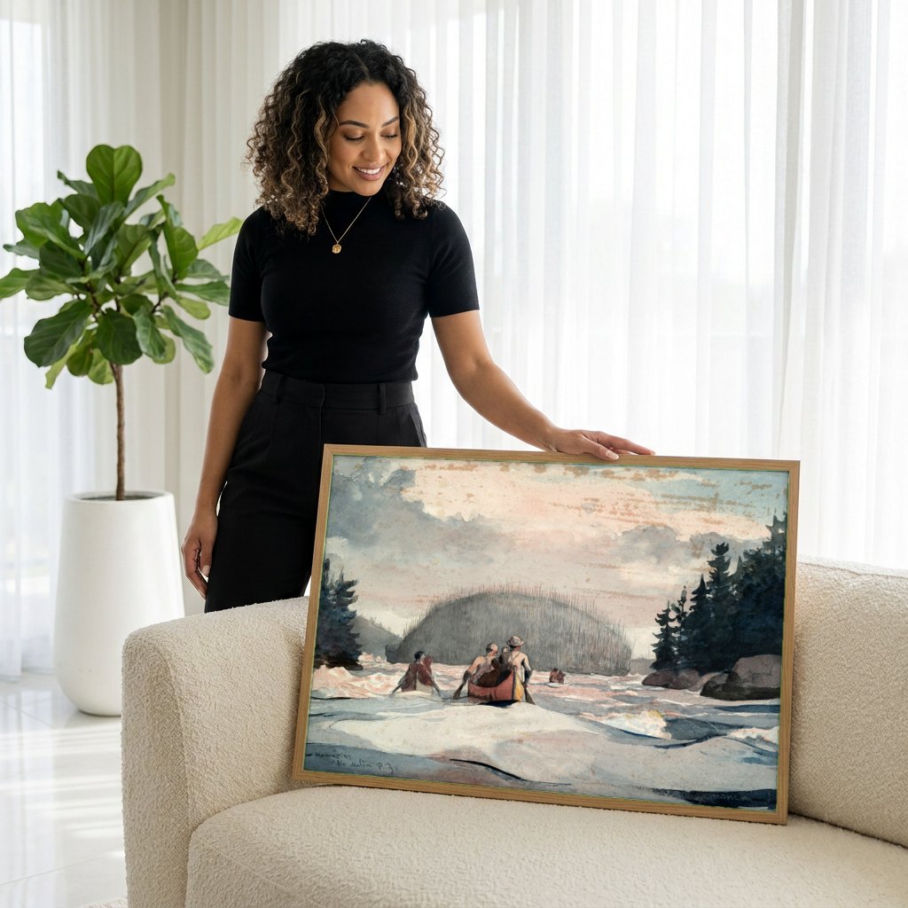 Quadro Decorativo Remo no Rio - Winslow Homer | modelo apresentando o quadro emoldurado