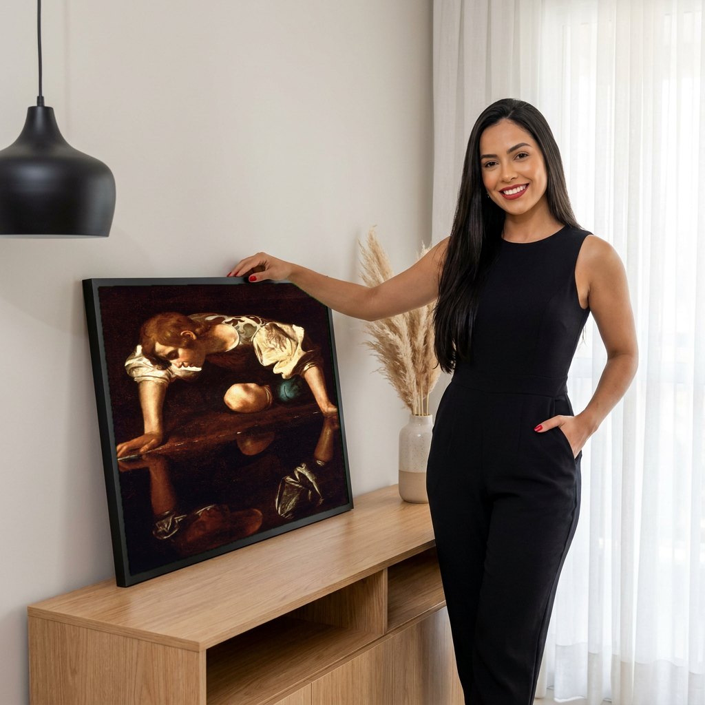Quadro Decorativo Narciso - Caravaggio | modelo apresentando o quadro emoldurado